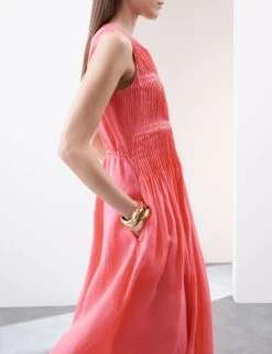 Pure Ramie Round Neck Pintuck Midi Shirred Dress