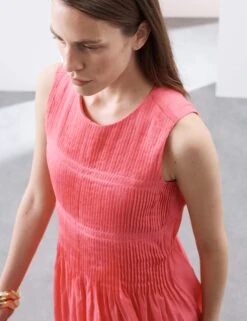 Pure Ramie Round Neck Pintuck Midi Shirred Dress -Marks and Spencer Shop Pure Ramie Round Neck Pintuck Midi Shirred Dress 3