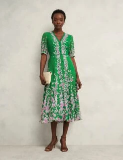 Pure Silk Floral V-Neck Midi Skater Dress -Marks and Spencer Shop Pure Silk Floral V Neck Midi Skater Dress 4