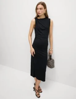 Round Neck Ruched Midi Bodycon Dress