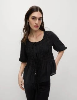 Round Neck Tie Front Shirred Blouse -Marks and Spencer Shop Round Neck Tie Front Shirred Blouse 2