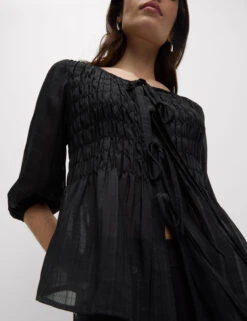 Round Neck Tie Front Shirred Blouse -Marks and Spencer Shop Round Neck Tie Front Shirred Blouse 3