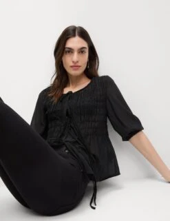 Round Neck Tie Front Shirred Blouse -Marks and Spencer Shop Round Neck Tie Front Shirred Blouse 4