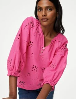 Pure Cotton Broderie Puff Sleeve Blouse -Marks and Spencer Shop SD 01 T41 6919W QY X EC 2