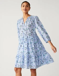 Pure Cotton Printed Tie Neck Mini Dress