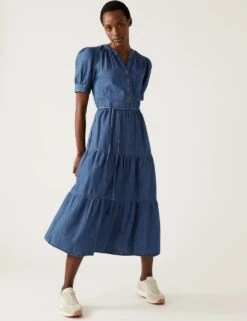 Denim V-Neck Button Front Midi Tiered Dress -Marks and Spencer Shop SD 01 T42 4863 HP X EC 1