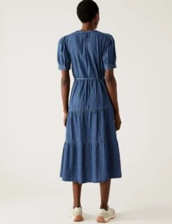 Denim V-Neck Button Front Midi Tiered Dress -Marks and Spencer Shop SD 01 T42 4863 HP X EC 2