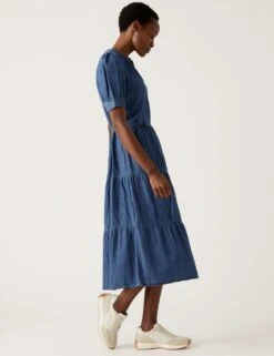 Denim V-Neck Button Front Midi Tiered Dress -Marks and Spencer Shop SD 01 T42 4863 HP X EC 4
