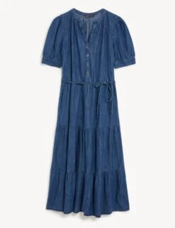 Denim V-Neck Button Front Midi Tiered Dress -Marks and Spencer Shop SD 01 T42 4863 HP X EC 90