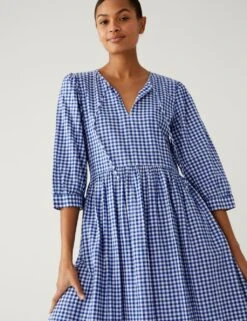 Pure Cotton Gingham Midi Dress