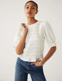 Round Neck Shirred Puff Sleeve Blouse -Marks and Spencer Shop SD 01 T43 8279 KY X EC 2