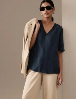 Cupro Rich V-Neck Short Sleeve Blouse