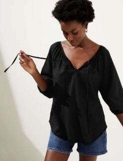 Linen Rich Tie Neck Blouse -Marks and Spencer Shop SD 01 T52 3810 Y0 X EC 1
