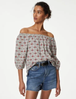 Linen Rich Printed Bardot Blouse 9 Linen Rich Printed Bardot Blouse -Marks and Spencer Shop SD 01 T52 3978 ZZ X EC 1