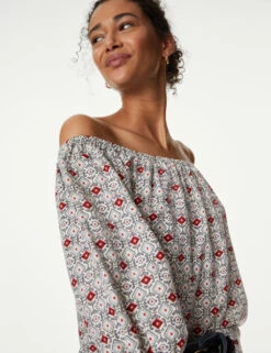 Linen Rich Printed Bardot Blouse 10 Linen Rich Printed Bardot Blouse -Marks and Spencer Shop SD 01 T52 3978 ZZ X EC 2