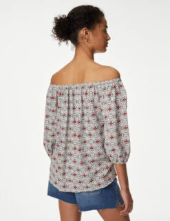 Linen Rich Printed Bardot Blouse 11 Linen Rich Printed Bardot Blouse -Marks and Spencer Shop SD 01 T52 3978 ZZ X EC 3