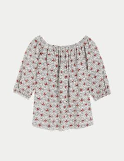 Linen Rich Printed Bardot Blouse 8 Linen Rich Printed Bardot Blouse -Marks and Spencer Shop SD 01 T52 3978 ZZ X EC 90