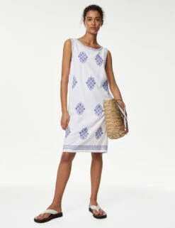 Linen Rich Embroidered Shift Dress