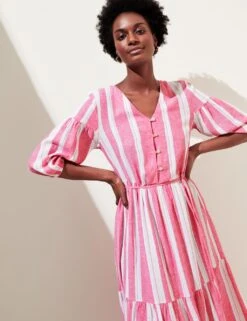 Linen Blend Striped V-Neck Midi Tiered Dress -Marks and Spencer Shop SD 01 T52 6801 TL X EC 1