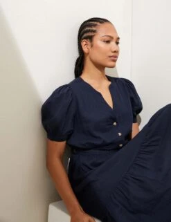 Linen Blend V-Neck Tie Waist Midi Tea Dress -Marks and Spencer Shop SD 01 T52 6835 F0 X EC 3