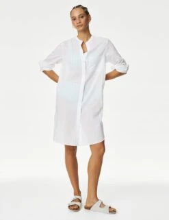 Pure Cotton Collarless Beach Cover Up Shirt 9 Pure Cotton Collarless Beach Cover Up Shirt -Marks and Spencer Shop SD 01 T52 7783 Z0 X EC 1