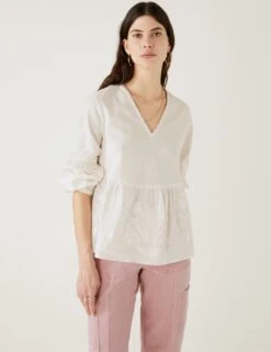 Linen Rich Embroidered V-Neck Blouse 12 Linen Rich Embroidered V-Neck Blouse -Marks and Spencer Shop SD 01 T53 2038U NZ X EC 3