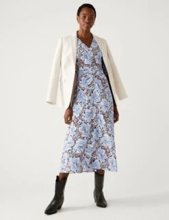 Floral V-Neck Puff Sleeve Midi Tea Dress -Marks and Spencer Shop SD 01 T69 1580 E4 X EC 1