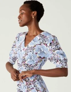Floral V-Neck Puff Sleeve Midi Tea Dress -Marks and Spencer Shop SD 01 T69 1580 E4 X EC 2