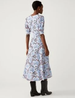 Floral V-Neck Puff Sleeve Midi Tea Dress -Marks and Spencer Shop SD 01 T69 1580 E4 X EC 4