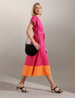 Jaeger Pure Cotton Colour Block Midi Waisted Dress