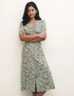 Floral V-Neck Button Through Midi Tea Dress
