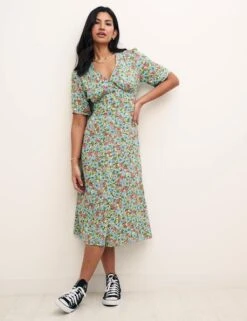 Floral V-Neck Button Through Midi Tea Dress -Marks and Spencer Shop SD 10 T82 1931 J4 X EC 2