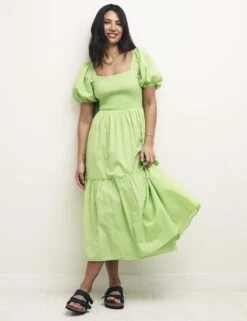 Organic Cotton Square Neck Midi Tiered Dress