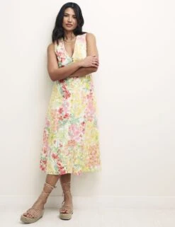 Organic Cotton Floral V-Neck Midi Tea Dress