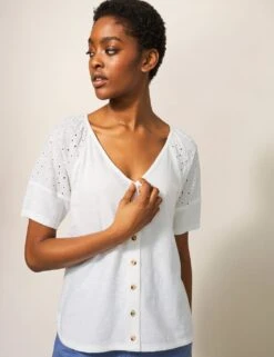 WHITE STUFF Pure Cotton Broderie V-Neck Blouse
