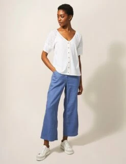 WHITE STUFF Pure Cotton Broderie V-Neck Blouse -Marks and Spencer Shop SD 10 T83 1381W Z0 X EC 1