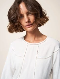 WHITE STUFF Cotton Rich Crew Neck Cutwork Detail Blouse