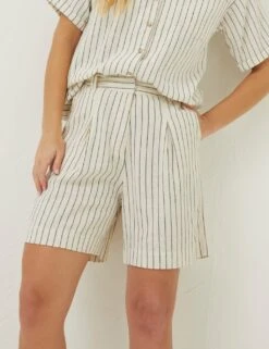 Linen Rich Striped Pleat Front Shorts