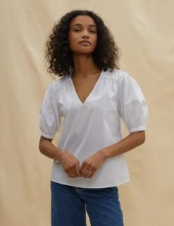 Organic Cotton V-Neck Puff Sleeve Blouse