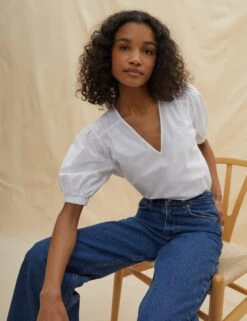 Organic Cotton V-Neck Puff Sleeve Blouse -Marks and Spencer Shop SD 10 T83 2359W Z0 X EC 1