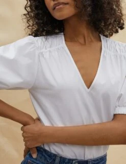 Organic Cotton V-Neck Puff Sleeve Blouse -Marks and Spencer Shop SD 10 T83 2359W Z0 X EC 3