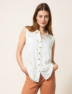 WHITE STUFF Embroidered Collared Button Through Shirt