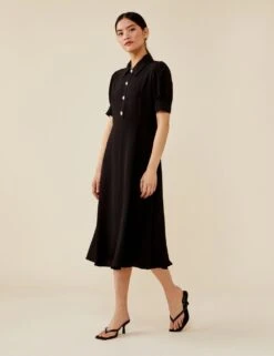 Crepe Puff Sleeve Midi Tea Dress