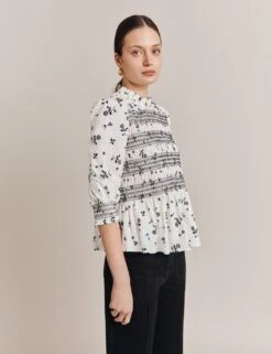 Ghost Cotton Rich Floral High Neck Shirred Blouse