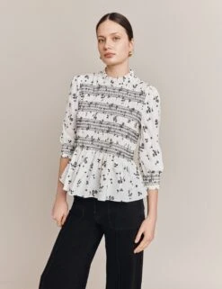 Ghost Cotton Rich Floral High Neck Shirred Blouse -Marks and Spencer Shop SD 10 T83 4103W A4 X EC 4