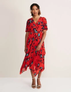 Animal Print V-Neck Pleated Midi Wrap Dress