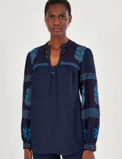 MONSOON Printed Embroidered V-Neck Popover Blouse