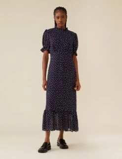 Polka Dot High Neck Midaxi Smock Dress