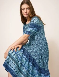 WHITE STUFF Printed Round Neck Midi Waisted Dress