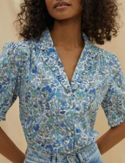 Organic Cotton Floral V-Neck Blouse -Marks and Spencer Shop SD 10 T83 5231W E4 X EC 2
